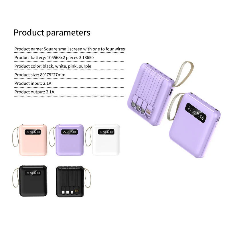 20000mAh Mini Power Bank with 4-in-1 Fast Charging Cable – Portable External Battery Charger for iPhone, Samsung, Huawei, Xiaomi