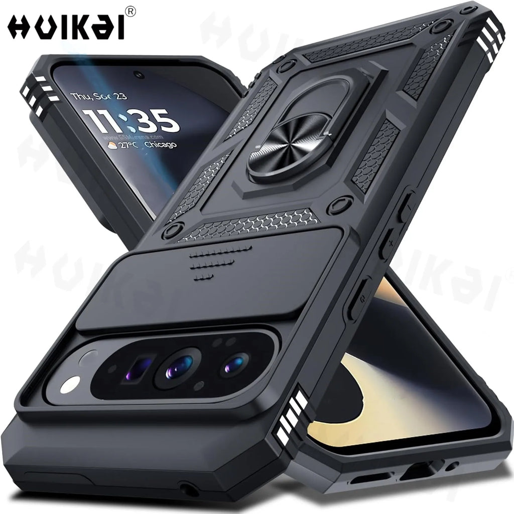 Slide Camera Lens Armor Case for Google Pixel 10 Pro XL/10/9/9 Pro/8 Pro/8A – Magnetic Ring Kickstand Military Shockproof Cover