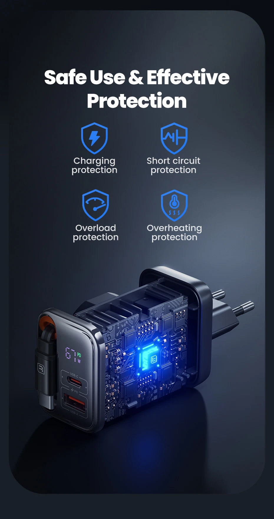 Toocki 67W GaN USB-C Fast Charger with Retractable Cable – PD3.0 PPS Adapter for iPhone 16/15, Samsung S25/S24 & Laptops