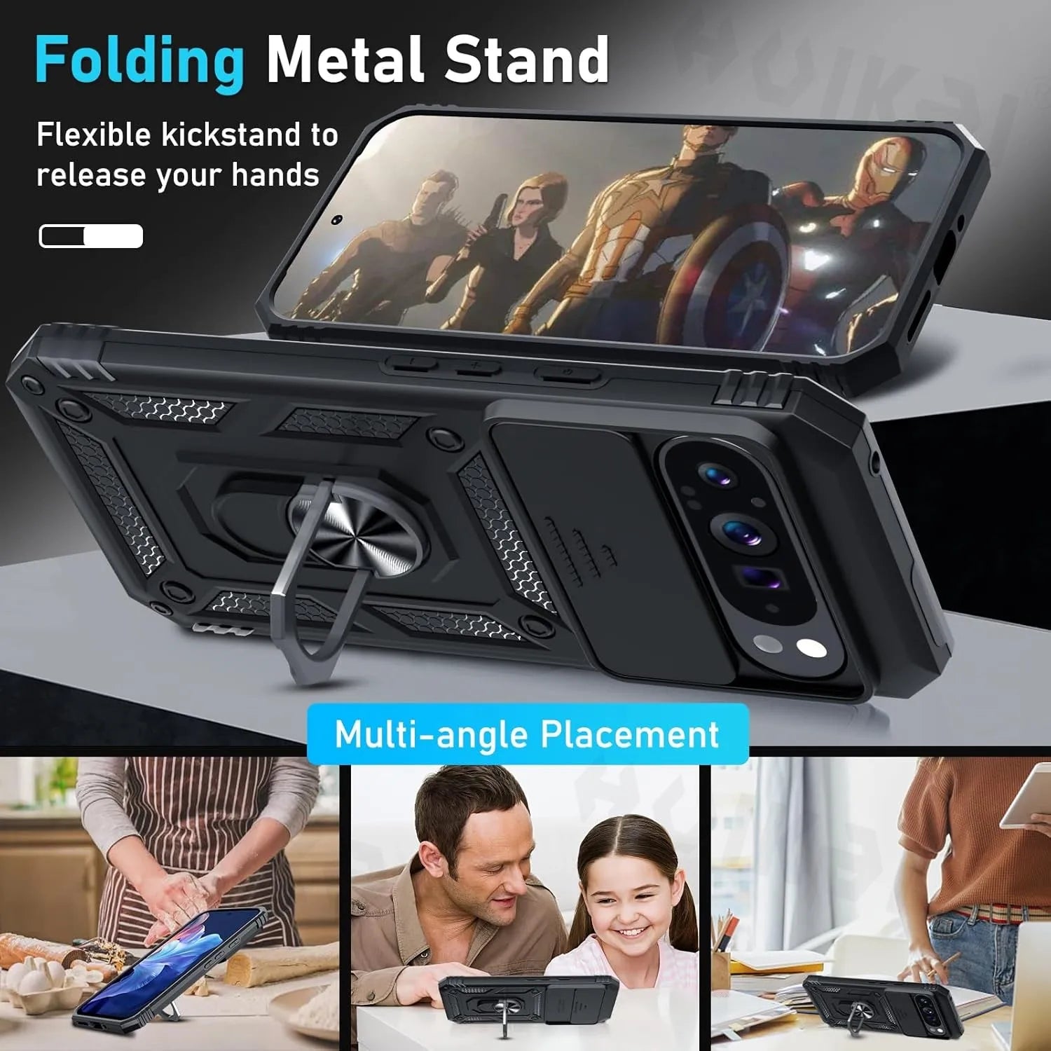 Slide Camera Lens Armor Case for Google Pixel 10 Pro XL/10/9/9 Pro/8 Pro/8A – Magnetic Ring Kickstand Military Shockproof Cover