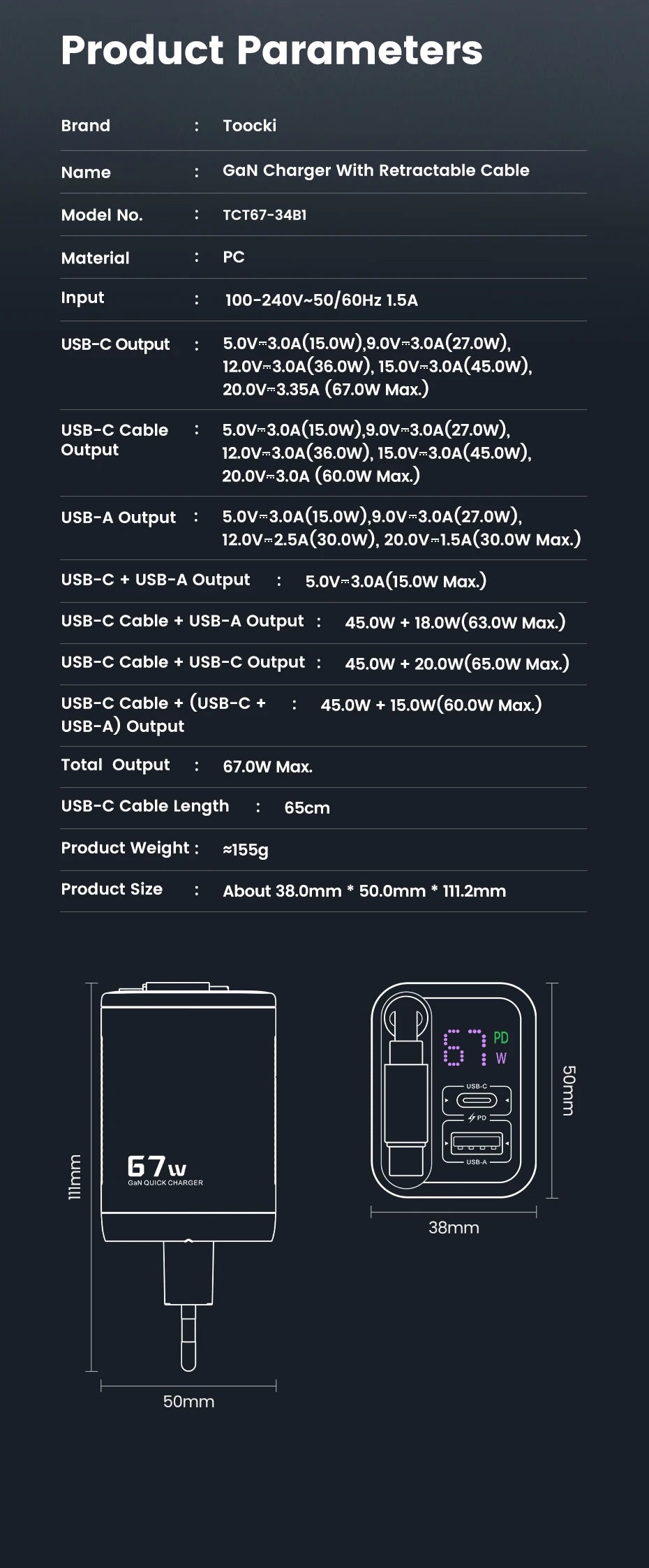 Toocki 67W GaN USB-C Fast Charger with Retractable Cable – PD3.0 PPS Adapter for iPhone 16/15, Samsung S25/S24 & Laptops