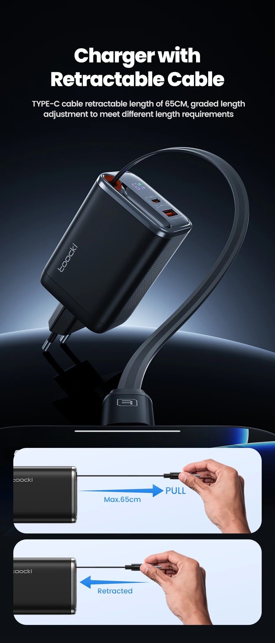 Toocki 67W GaN USB-C Fast Charger with Retractable Cable – PD3.0 PPS Adapter for iPhone 16/15, Samsung S25/S24 & Laptops