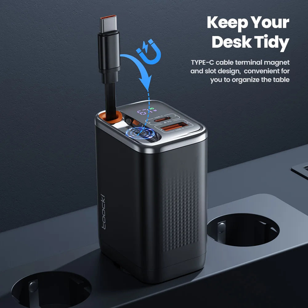 Toocki 67W GaN USB-C Fast Charger with Retractable Cable – PD3.0 PPS Adapter for iPhone 16/15, Samsung S25/S24 & Laptops