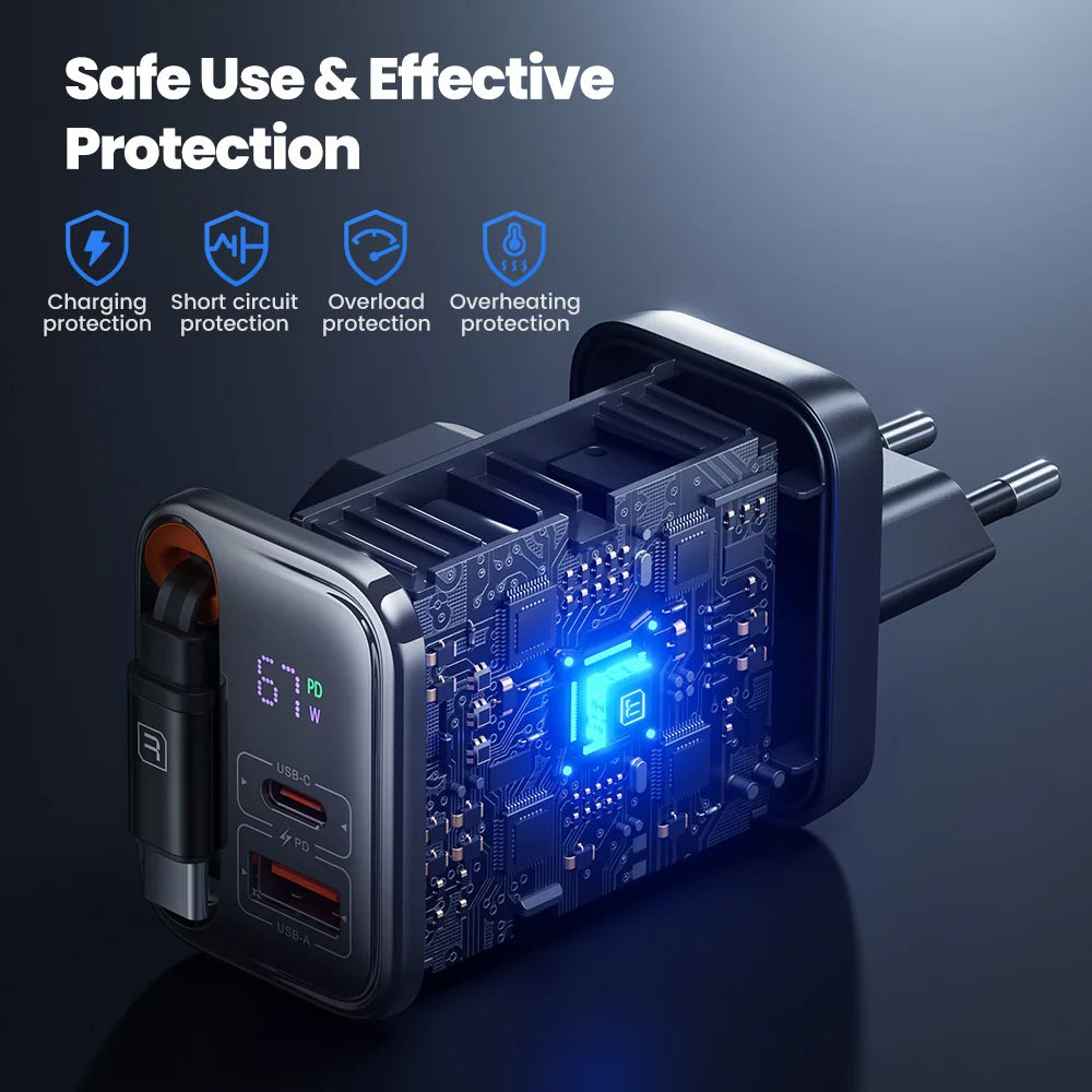 Toocki 67W GaN USB-C Fast Charger with Retractable Cable – PD3.0 PPS Adapter for iPhone 16/15, Samsung S25/S24 & Laptops