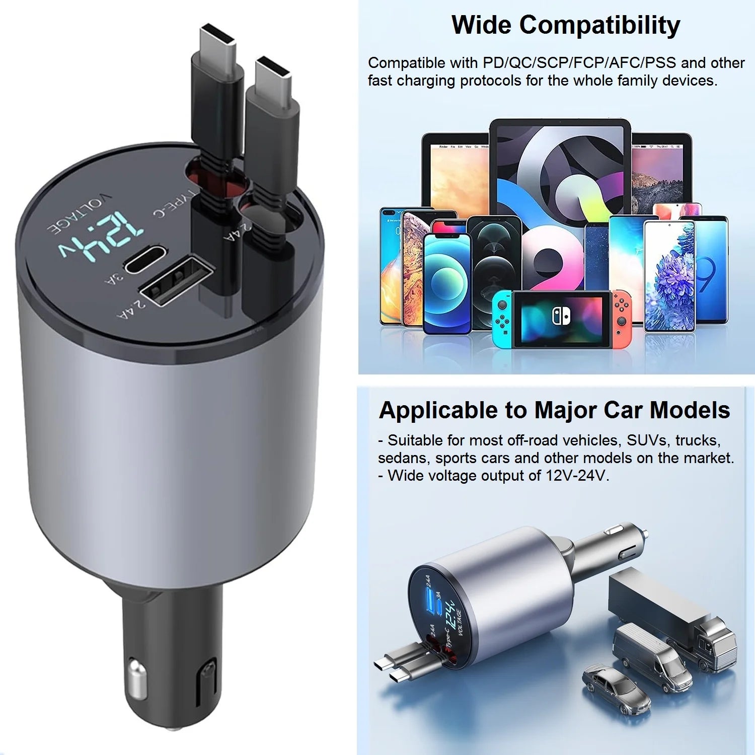 Retractable 4-in-1 Fast Car Charger – 120W Dual Type-C USB Cigarette Lighter Adapter for iPhone & Android