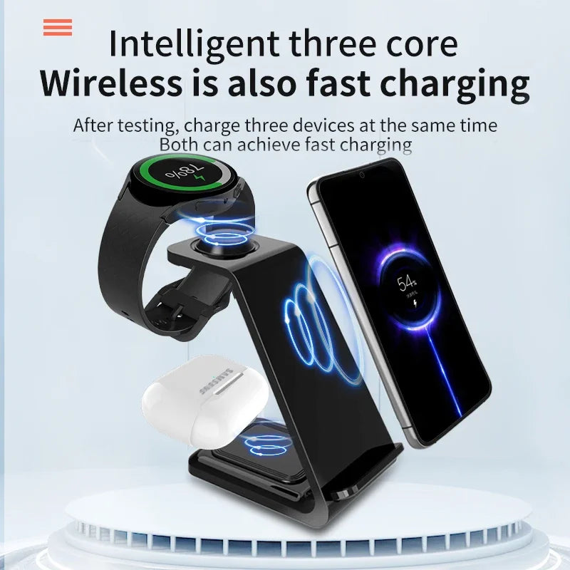 30W 3-in-1 Fast Wireless Charger Stand for iPhone, Samsung & Apple Watch – Foldable Charging Station