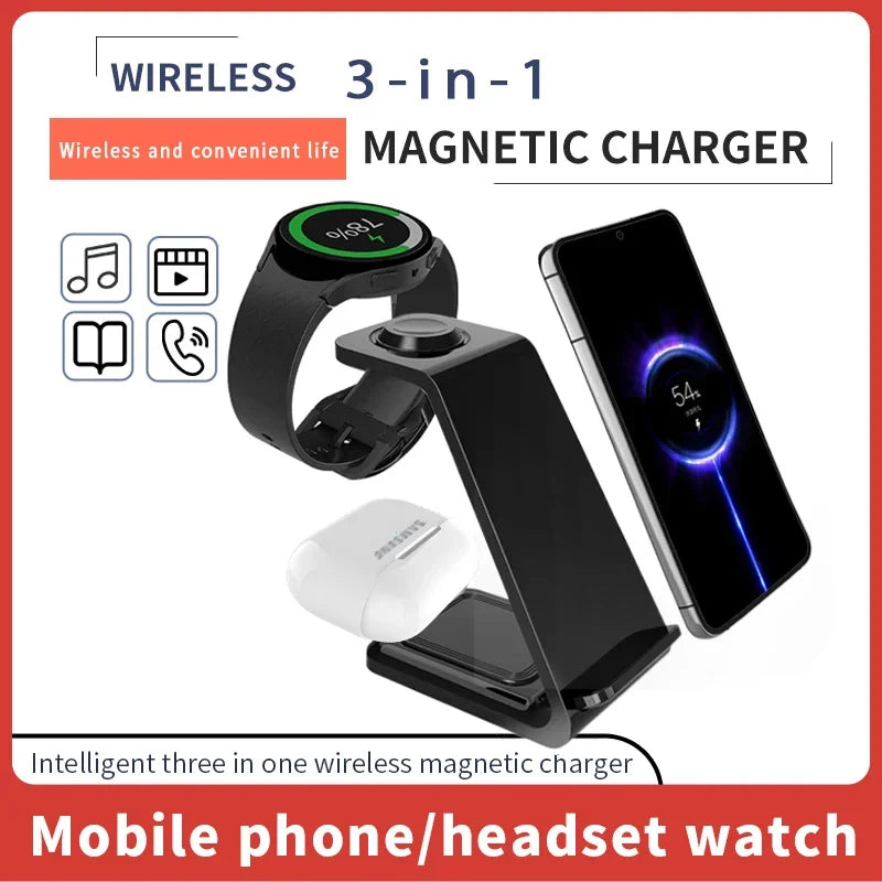 30W 3-in-1 Fast Wireless Charger Stand for iPhone, Samsung & Apple Watch – Foldable Charging Station