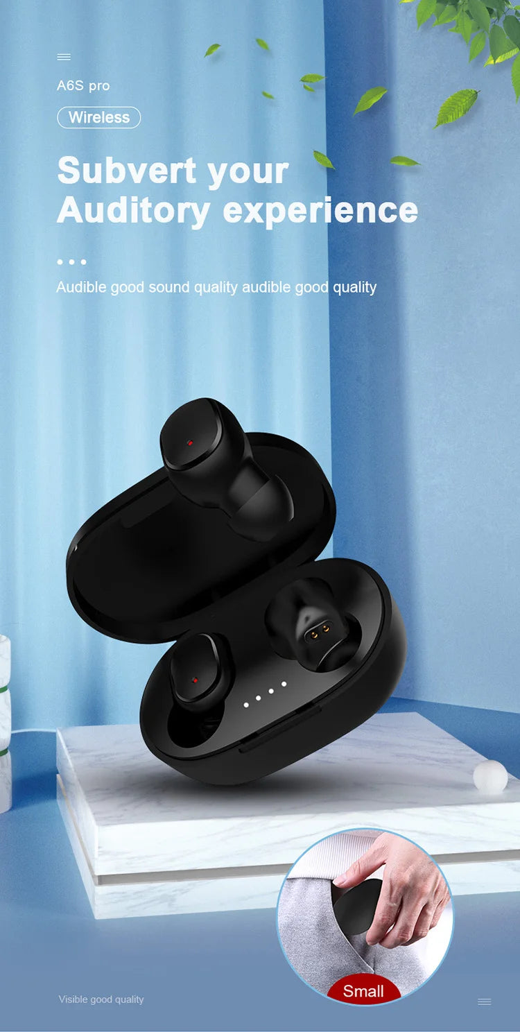 Original A6S TWS Wireless Earbuds – Bluetooth In-Ear Headphones with Mic, Stereo Sound & Sport Design for iPhone, Xiaomi, Huawei