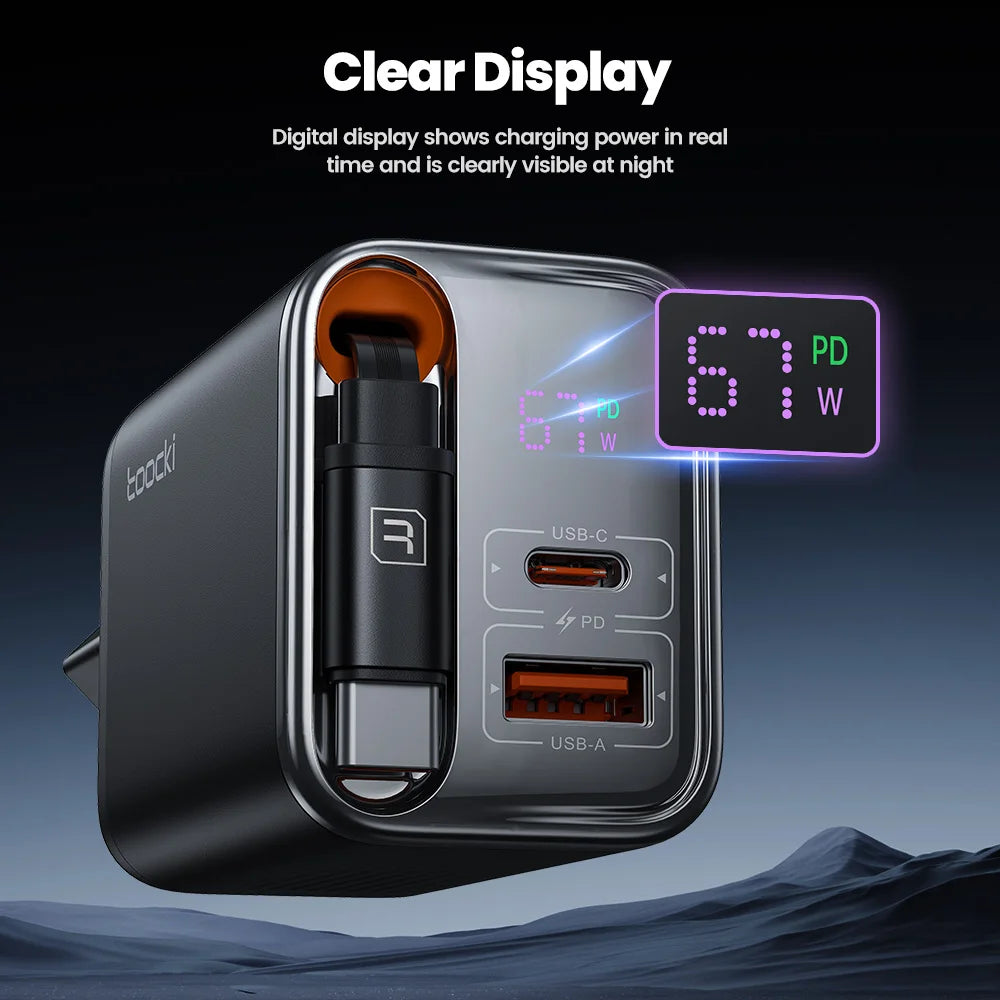 Toocki 67W GaN USB-C Fast Charger with Retractable Cable – PD3.0 PPS Adapter for iPhone 16/15, Samsung S25/S24 & Laptops