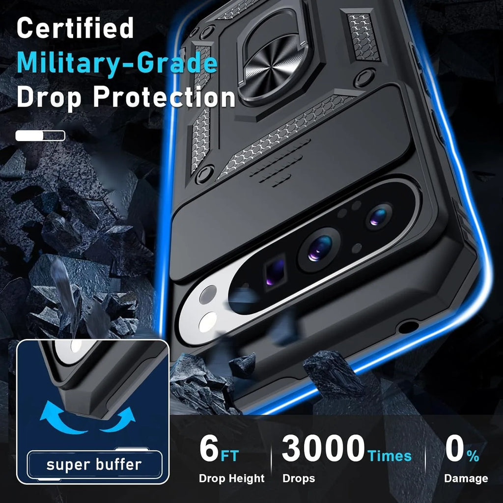 Slide Camera Lens Armor Case for Google Pixel 10 Pro XL/10/9/9 Pro/8 Pro/8A – Magnetic Ring Kickstand Military Shockproof Cover