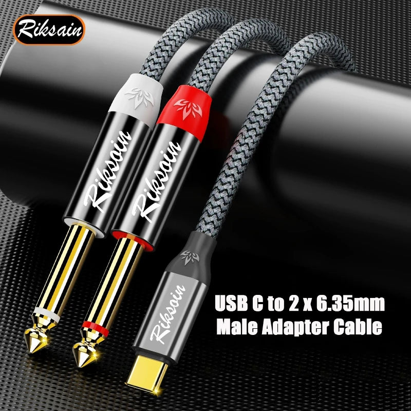 USB Type-C to Dual 6.35mm Jack Audio Cable – Y Splitter for iPad, Laptop, Phone & Tablet to Speaker/Mixer/Bass