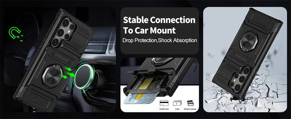 Magnetic Ring Kickstand Wallet Case for Samsung Galaxy S25/S24/S23 Ultra Plus FE & A55–A14 – Heavy Duty Protective Cover