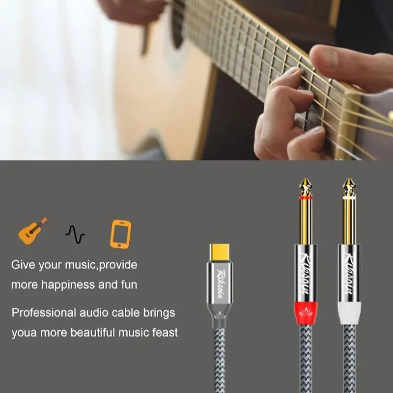 USB Type-C to Dual 6.35mm Jack Audio Cable – Y Splitter for iPad, Laptop, Phone & Tablet to Speaker/Mixer/Bass
