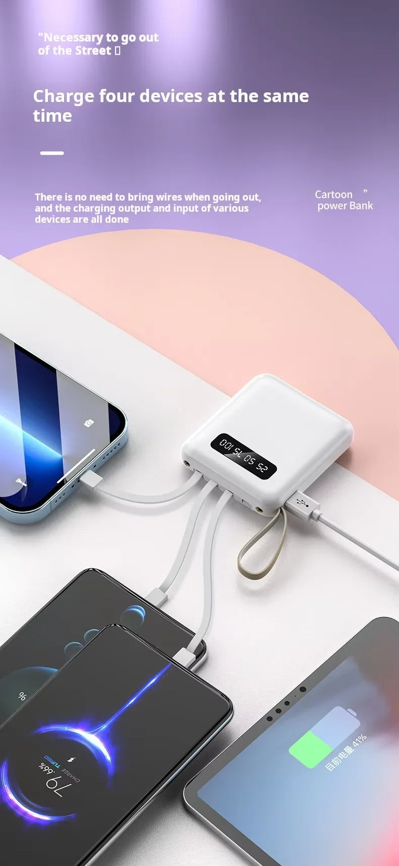 20000mAh Mini Power Bank with 4-in-1 Fast Charging Cable – Portable External Battery Charger for iPhone, Samsung, Huawei, Xiaomi