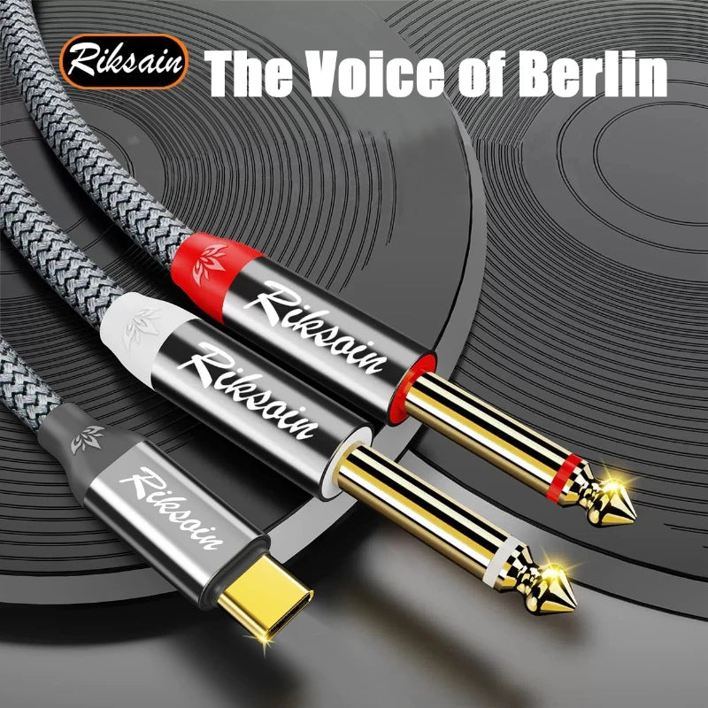 USB Type-C to Dual 6.35mm Jack Audio Cable – Y Splitter for iPad, Laptop, Phone & Tablet to Speaker/Mixer/Bass