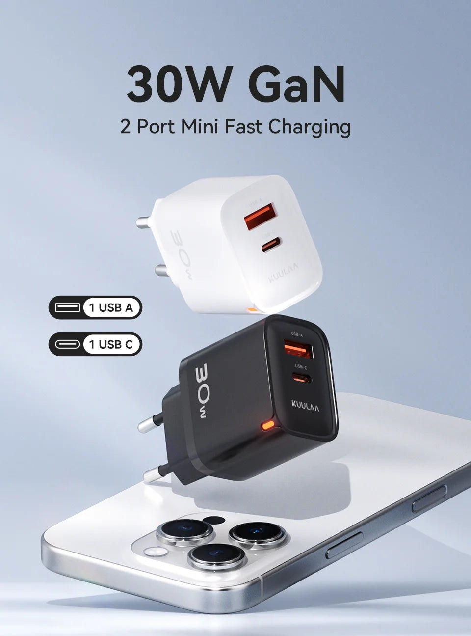 KUULAA 30W GaN USB-C Charger – PD 3.0 QC 4.0 Fast Wall Adapter for iPhone 17/16/15 Pro, Samsung S25, Xiaomi & iPad