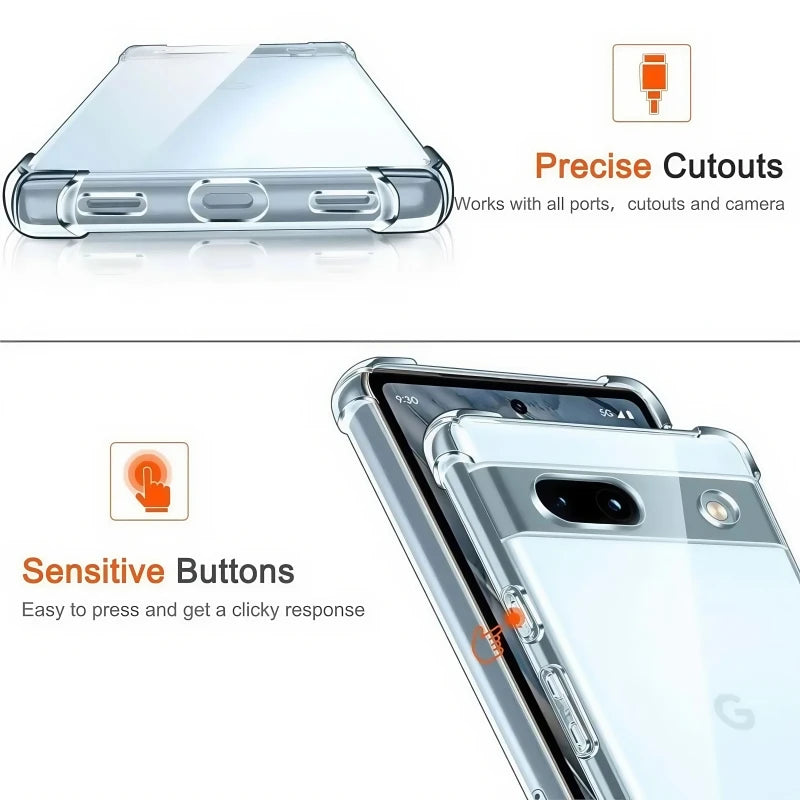 Shockproof Clear TPU Case for Google Pixel 8 Pro/8/7 Pro/7a/7/6 Pro/6a/6 – Transparent Soft Silicone Protective Cover