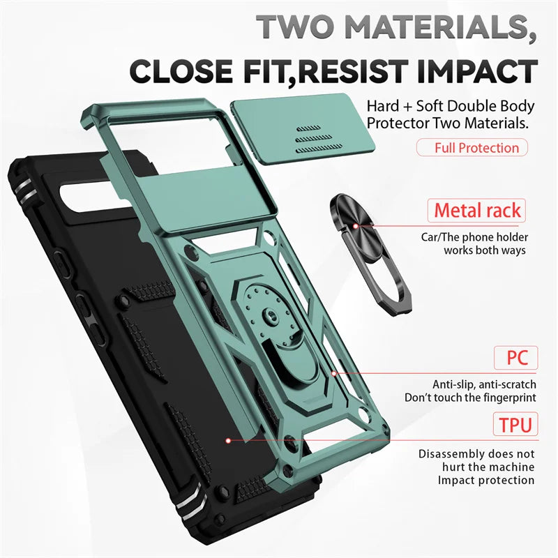 Slide Camera Lens Protector Case with Magnetic Ring Stand for Google Pixel 6/7/8/6A/7A/8A – Shockproof Armor Cover