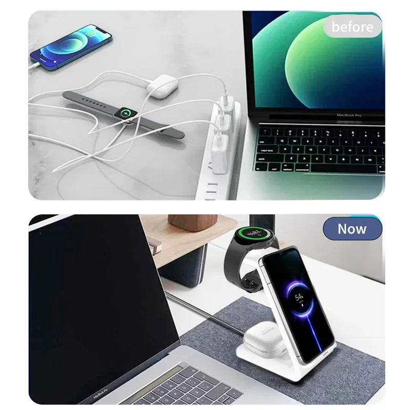 30W 3-in-1 Fast Wireless Charger Stand for iPhone, Samsung & Apple Watch – Foldable Charging Station