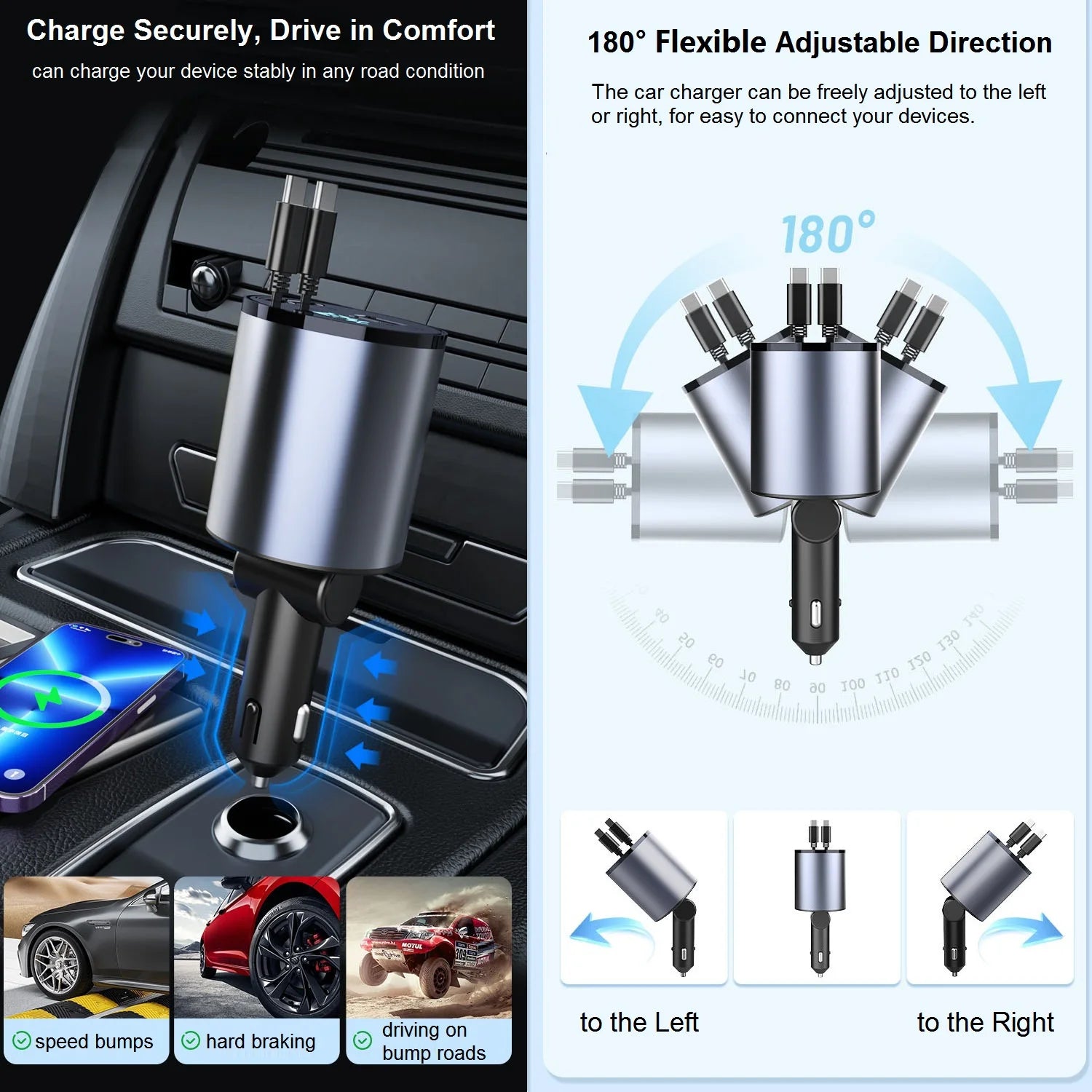 Retractable 4-in-1 Fast Car Charger – 120W Dual Type-C USB Cigarette Lighter Adapter for iPhone & Android