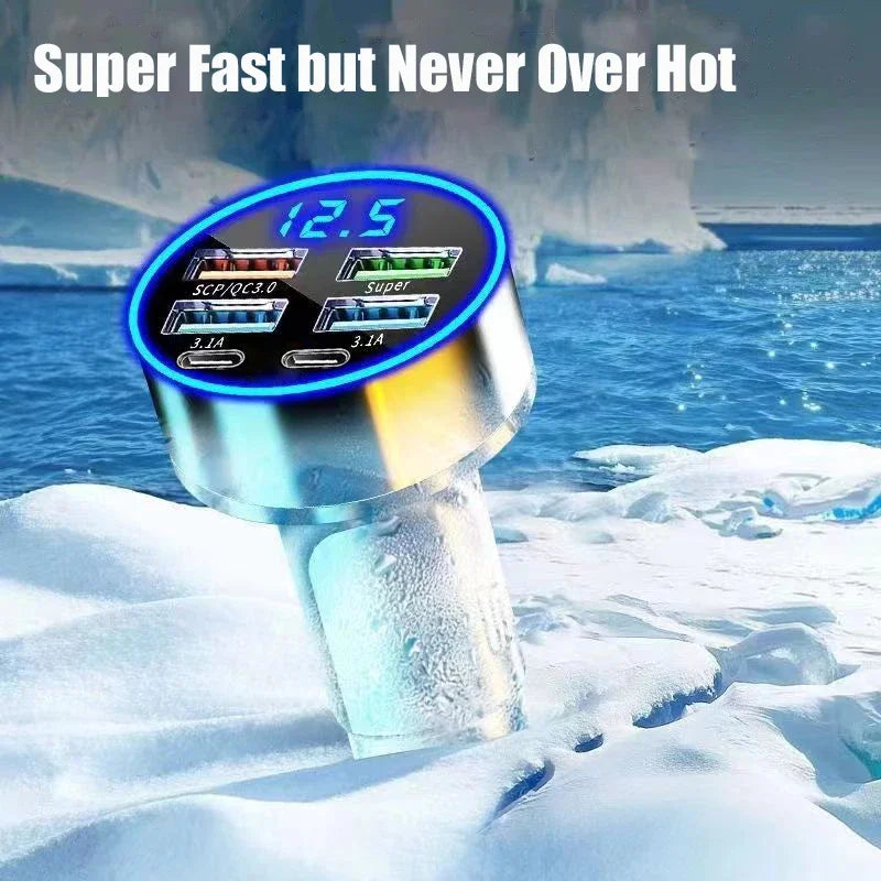 UYUXIO 6-in-1 USB-C Car Charger Adapter with Voltage Display – Dual PD Super Fast Charger for iPhone 15 Pro Max, Samsung, Huawei & OPPO