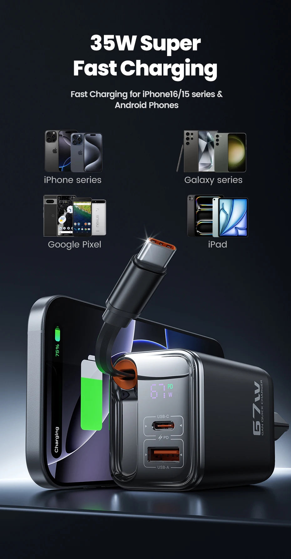 Toocki 67W GaN USB-C Fast Charger with Retractable Cable – PD3.0 PPS Adapter for iPhone 16/15, Samsung S25/S24 & Laptops