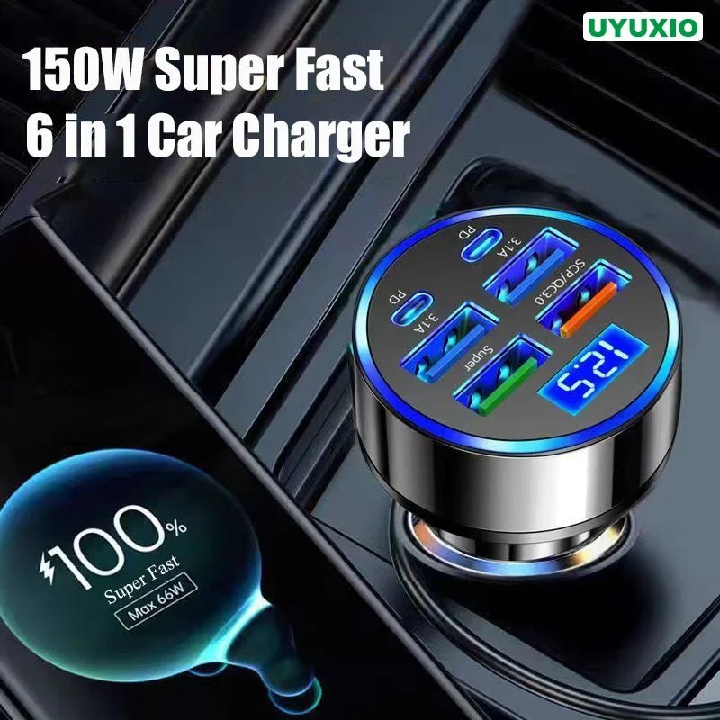 UYUXIO 6-in-1 USB-C Car Charger Adapter with Voltage Display – Dual PD Super Fast Charger for iPhone 15 Pro Max, Samsung, Huawei & OPPO